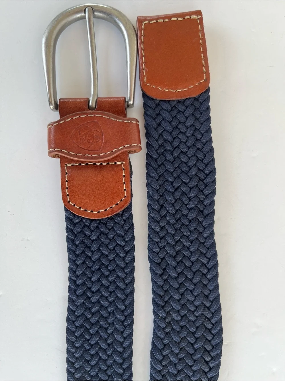 Ariat One Rail Woven Navy Belt with Brown Leather Accents Size M